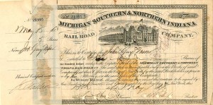 John Guy Vassar - 1868 dated Michigan Southern and Northern Indiana Railroad Co. Stock Certificate